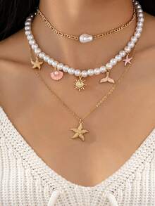 3 Pcs Handmade Boho Ocean Charm Necklaces Set, White Faux Pearl And Gold Necklaces With Starfish, Shell, Mermaid Tail Pendants, Beach Vacation Jewelry For Women - Starfish Pendant Beaded Necklace Set - View 1