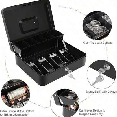 Caja fuerte, caja registradora, caja fuerte con cerradura de , hucha metálica para caja registradora. 30 x 24 x 8 cm. Color negro y rosa. Para guardar dinero, joyas, documentos, relojes, etc.