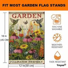 Bandiera da giardino reversibile, decorativa e rispettosa degli impollinatori, con fiori colorati e colibrì per una presentazione vivace - A - Visualizzare 2