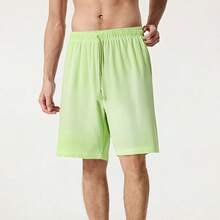 Men's Heavyweight Gradient Washed Drawstring Shorts - Casual Streetwear Elastic Waist Knee Length Shorts With Pockets - Vintage Distressed Denim Look Summer Bottoms For Men -  Y2K Inspired Relaxed Fit Casual Shorts For Daily Wear, Street Style, And Outdoor Activities - 2026 New Arrival American Fashion Essentials - 青檸色 - 查看 3