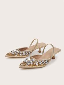 Giày sandal nữ cao cấp đính đá lấp lánh, gót kim loại, mũi nhọn, kiểu dáng slip-on, chất liệu bóng bẩy, thời trang và thanh lịch, thích hợp cho các bữa tiệc và trang phục trang trọng, gót thấp. - Vàng - Xem 2
