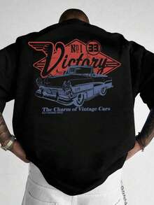 Men's Vintage Car Element Printed Short Sleeve T-Shirt, Comfortable & Breathable, Suitable For Summer, Leading Fashion - Black - View 3