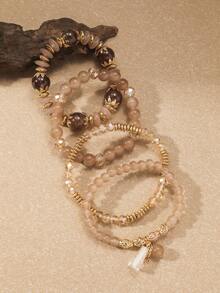 4件套波西米亚水晶玻璃珠手链套装，适合日常、休闲、海滩和度假佩戴 - 咖啡 - 查看 3