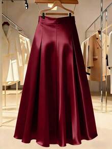 女士A字长袖缎面半身裙，采用优雅的塔夫绸面料，及踝长度，适合日常休闲穿着，乳白色，春季款 - 酒紅色 - 查看 3