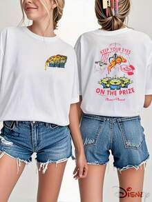 Disney Toy Story Co-Branded Ladies'  Double-Sided Printed T-Shirt | Loose Round Neck, Pizza Planet & Alien Print, Relaxed And Lovely, Machine-Washed Fabric, -Elastic, Exclusive To Disney Fans, Gifts - 白色 - 查看 2