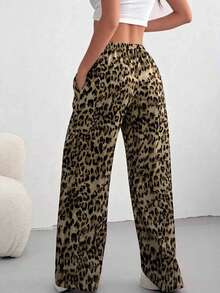 Women's Leopard Print Straight Leg Drawstring Loose Pants, Made Of Polyester With Pockets - Coffee Brown - View 3