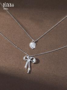 Hihho 2pcs Luxury Style Heart & Bow Layered Necklace, Gentle Commuting Jewelry - Heart-shaped Bow - View 5
