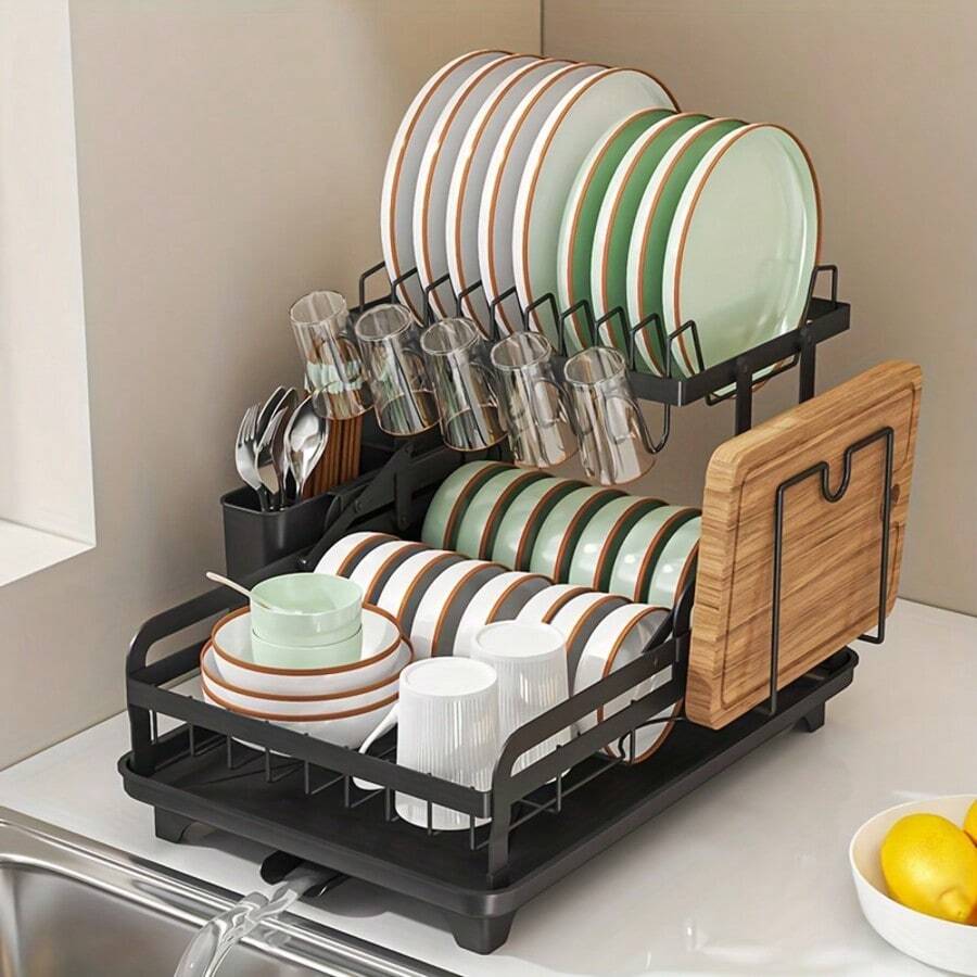 Stainless Steel, Rust-Proof, Metal Material, Space-Saving, Automatic Drainage, Large Capacity, Multi-Functional.,With Bowl/Bowls,Cup,Spoon,Chopsticks,Plate,2-Tier Dish Drying Rack,For Kitchen Essentials|Kitchen|Home Décor|Kitchen Deccor,Kitchen Orangizer,House,Escurridor De Platos Para Fregadero,Apartment Essentials,Dish Rack,Utensil Holder,Kitchen Deccor,Organziers Storage,Kitchen Orangizer,Escurridor De Platos Para Fregadero,Home Accesssories,Apartment Essentials,Party Supplies,Shoe Rack,Home Organaizer,Closet Organzation,Mothers Day Gift - 新黑色 - 查看 1