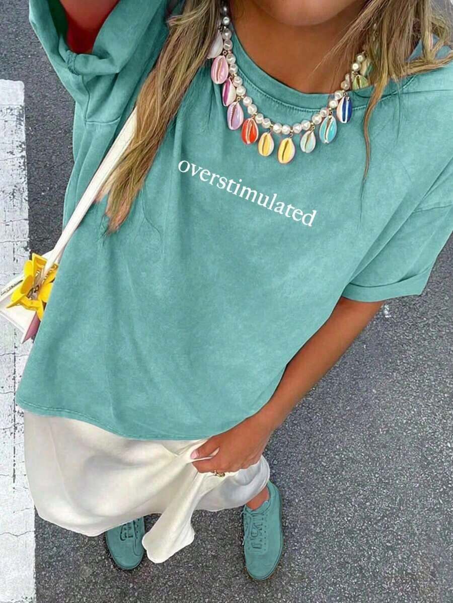 Camiseta Casual de Manga Corta para Mujer, Estilo Holgado y Sobredimensionado con Estampado Gráfico, Color Negro, para Verano - verde menta - Ver 1