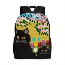ZLIENSZUS Lightweight Backpack With  Lewis Art - Floral & Cat Design School Bag, Minimalist Everyday Backpack For College, Travel, Work - Durable Daypack For Women & Men, Easy-Clean Everyday Carry, Backpack For School, College Essentials, Playful Design, Comfortable Straps, Travel Accessory,  Accessory, Sturdy Construction, Versatile Carryall, Men And Women - 黑色 - 查看 1