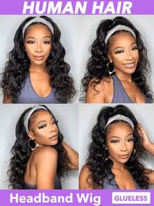 Headband Wig Human Hair Body Wave Headband Wigs For Black Women Brazilian Virgin Hair Glueless None Lace Front Half Wigs Human Hair Wear And Go Headband Wigs 180% Density (8-30 Inch Headband Wigs) Human Hair Loose Body Headband Wigs Natural Black - Natural Black - View 1