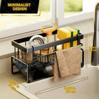 1 cái giá để ráo nước bồn rửa đa năng, giá đựng xà phòng rửa chén và miếng bọt biển, giá để ráo dụng cụ nhà bếp, giá đựng đồ dùng bồn rửa bằng thép carbon cải tiến kèm khăn lau và vòi nước bằng thép carbon.
