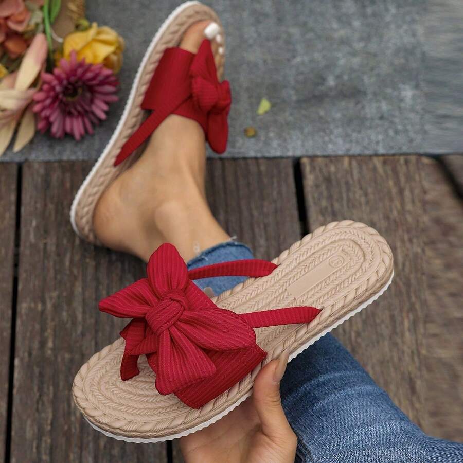 Women's Bow Decor Flat Sandals, Lightweight Summer Flip Flops, Comfortable & Fashionable Ladies Beach Shoes, Round Toe Peep Toe Strap Women Flat Sandals - Red - View 1