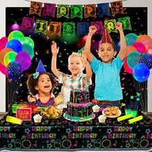 Paquete de 3 suministros de mantel para fiesta de resplandor Funda desechable de plástico neón mantel rectangular de color negro 51 x 87 pulgadas para decoración de fiestas que brillan - Estilo resplandeciente 01 - Ver 4