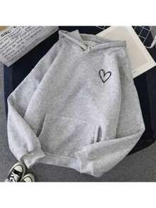 Plain Kangaroo Hoodie With Pocket, Unisex, Heart Design, Cold Weather Sweatshirt - 灰色 - 查看 2