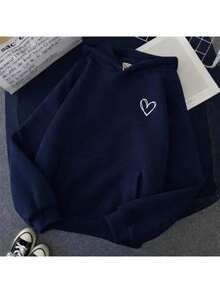 Plain Kangaroo Hoodie With Pocket, Unisex, Heart Design, Cold Weather Sweatshirt - 藏蓝色 - 查看 2