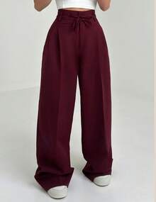 Women's High-Waisted Wide-Leg Trousers, Elegant And Comfortable, Tailored, With Belt And Tie Closure, Suitable For Office Wear In All Seasons. - 酒紅色 - 查看 2