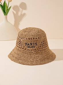 1 pieza Sombrero de paja bohemio de hombre con bordado de letra de triángulo invertido "Paris Milano" hecho a mano, adecuado para atuendo de playa y vacaciones - A - Ver 6