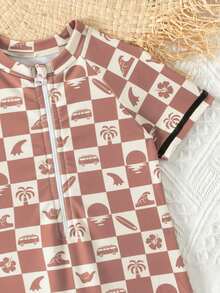 1件装男婴复古格子数码印花短袖连体泳衣，夏季 - 彩色 - 查看 4