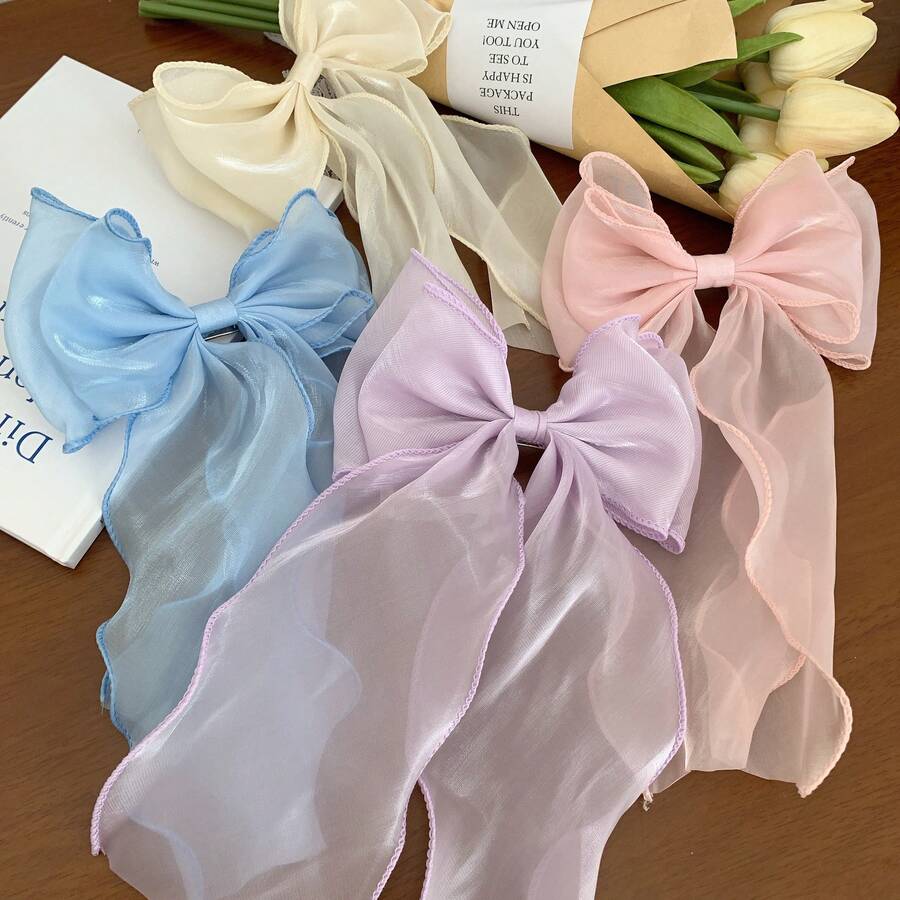 Fairy White Mesh Bow Ribbon Hair Clip Women, High-End Headwear Back Of, Large Hairpin Hair Accessory - Màu xanh lam - Xem 1