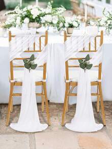 10/2pcs Elegant White Sheer Chiffon Chair Backdrop Curtain, Wedding Ceremony Decor Hanging Accessory, Dining Table & Chair Decoration, Bridal Chair Veil, Engagement Party Surprise Setup, Wedding Event Ornament, Church Ceremony Chair Drape, Outdoor Wedding Chair Sash - White - View 7