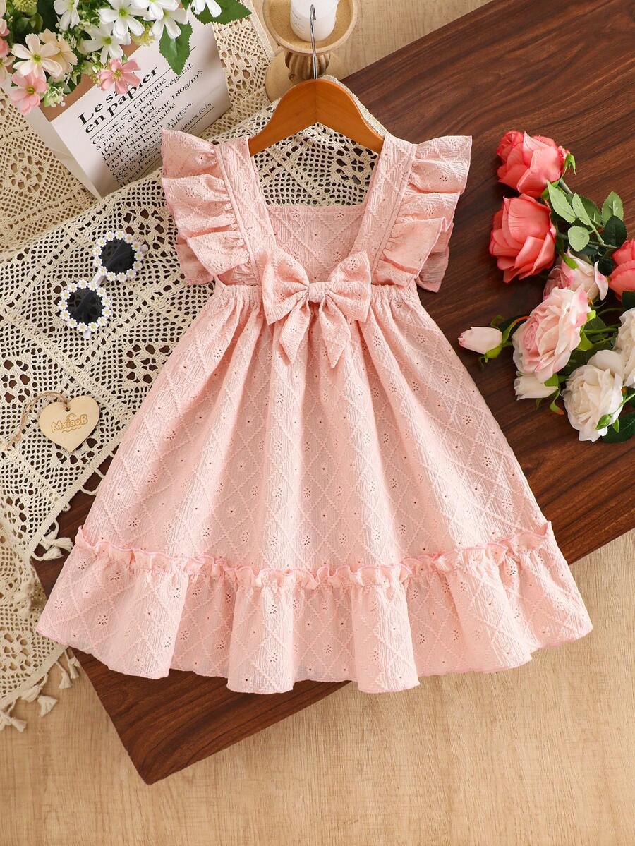 Girls' Casual Comfortable Solid Color Cap Sleeve Bow Hollow Embroidered Dress, Spring/Summer