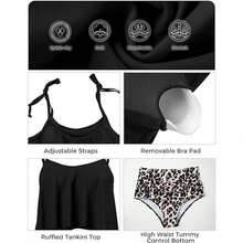 Ladies' Tankini Two-Piece Swimsuit High-Waisted Bikini Set With Tummy Control Bottoms And Ruffle Strap Tank Top - Đen + Họa tiết da báo - Xem 7