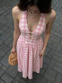 Buzzelle 女士性感甜美粉色格子镂空珍珠蝴蝶结露背荷叶边长裙，休闲日常，情人节派对礼服 - 粉色 - 查看 1