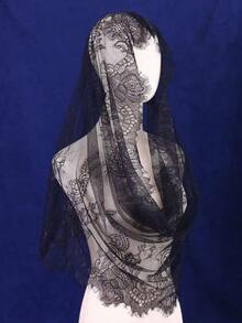 1pc Black Lace Bridal Veil, Women's Solid Color Lace Embroidered Shawl Scarf Muslim Headscarf - 黑色 - 查看 5