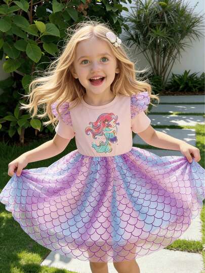 Vestido de niña con estampado de sirena, vestido de princesa de manga corta, cuello redondo, con degradado de lentejuelas y malla, adecuado para uso diario, fiesta, verano