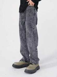 Quần jeans nam dáng suông, ống rộng, chất liệu denim mài, co giãn, kiểu dáng vintage Mỹ, họa tiết bông tuyết, thích hợp cho mọi mùa. - màu đen - Xem 1