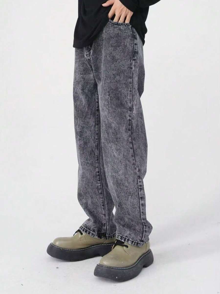 Quần jeans nam dáng suông, ống rộng, chất liệu denim mài, co giãn, kiểu dáng vintage Mỹ, họa tiết bông tuyết, thích hợp cho mọi mùa. - màu đen - Xem 1