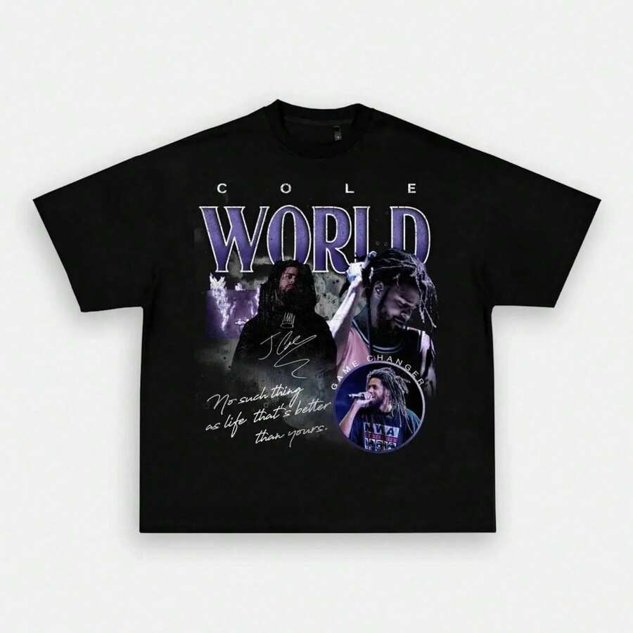 JCOLE TEE - Rap Tee Bootleg Shirt 90s Retro Vintage T-Shirt Graphic Print Heavyweight J. Cole World Black Purple Tee Dreamville - 黑色 - 查看 1