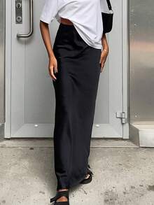 Saia Longa Elegante de Cetim Preta para Uso Diário, Moda Feminina, Primavera - Preto - Visão 1
