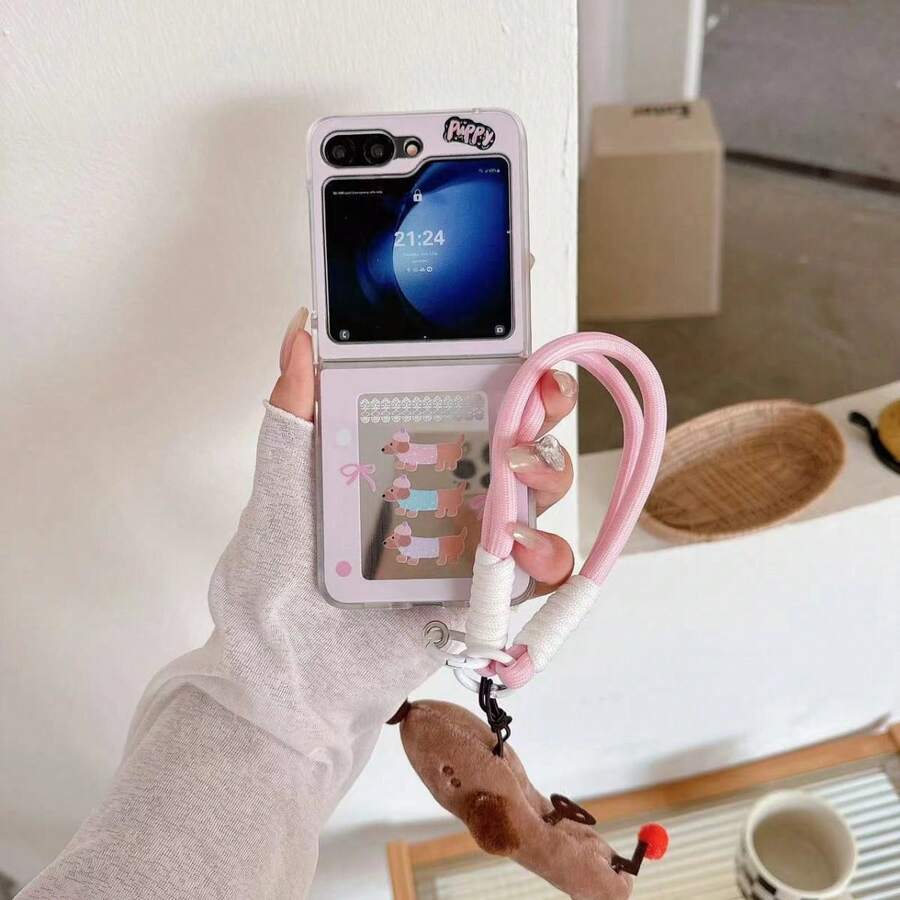 Glossy Sausage Dog Foldable Phone Case With Lanyard, Cute Cartoon Protective Cover For Samsung Galaxy Z Flip3 5G/Galaxy Z Flip 4 5G/Galaxy Z Flip 5 5G/Galaxy Z Flip 6 5G/Galaxy Z Flip 7 5G - Multicolor - View 1