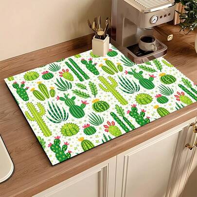 1pc Cactus Pattern Absorbent Drying Mat, Cartoon Style Kitchen Decor Coffee Machine Mat, Handmade Coffee Pot Draining Pad, Kitchen Floor Mat, Dining Table Mat, Kitchen Counter Dish Drying Mat, Breakfast Mat, Anti-Slip Heat-Resistant Draining Mat, Diatomite Draining Mat, Hides Stains, Super Absorbent Kitchen Mat, Easy To Clean Dish Rack Mat, Suitable For Kitchen, Dining Table, Coffee Shop, Bar, Holidays, Parties, Home Decor, Holiday Gifts