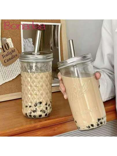 Bộ 2 cốc trà sữa trân châu thủy tinh dung tích lớn 650ml có nắp, ống hút rộng bằng thép không gỉ, thiết kế chia ngăn đựng trân châu, phù hợp cho học sinh, đồ uống lạnh, nước ép, sảng khoái và tiện lợi, lý tưởng cho đồ uống mùa hè.