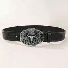 1条男士复古牛头扣皮带，经典雕刻PU皮革时尚配饰，西部风格休闲服饰 - 黑色 - 查看 13