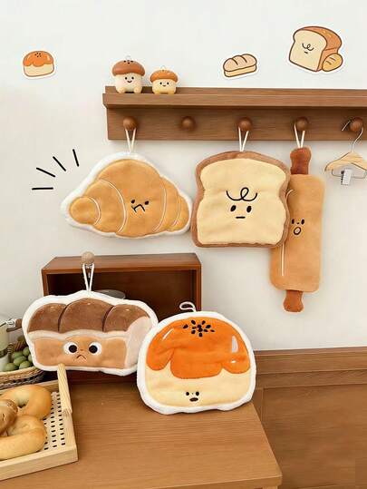 1pc Hanging Super Absorbent Hand Towel, Coral Fleece Cute Bread Shape Hand Towel, Suitable For Kitchen & Bathroom, Easy To Clean (Slight Color Difference May Exist Between Actual Item And Image)