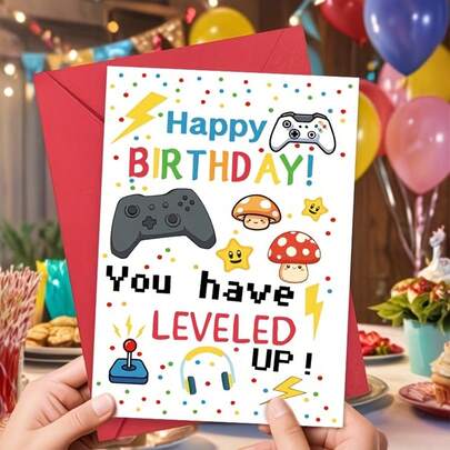 Thiệp chúc mừng sinh nhật chủ đề trò chơi điện tử ngày lễ: Chúc mừng sinh nhật những người chơi game trong cuộc sống của bạn, kèm theo phong bì.