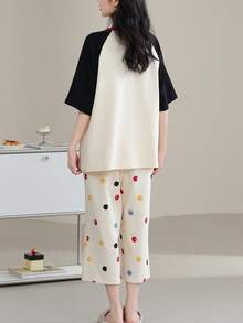2pcs Women Pajama Set, Short Sleeve Top And 3/4 Pants, Soft Homewear For Spring/Summer - Apricot - View 2