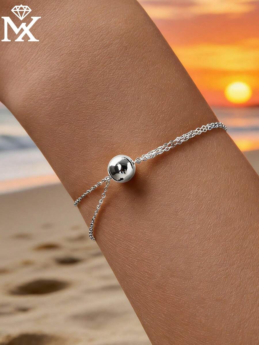 SYMFNY 1pc New 925 Silver Round Bead Double-Layer Chain Bracelet For Women, Casual Versatile, Luxury Jewelry Gift - Silver - View 1