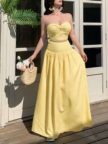abyoxi Conjunto de 2 piezas de top corto acanalado amarillo limón y falda larga de cintura alta, estilo dulce y casual, ideal para vacaciones románticas, salidas diarias, fiestas, citas, playa, primavera/verano - Amarillo - Ver 6