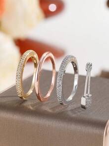 Fashionable & Elegant Copper Plated Gold Cubic Zirconia Brooch Ring, Tri-Color Stackable High-End Finger Ring - Three Colors - View 4