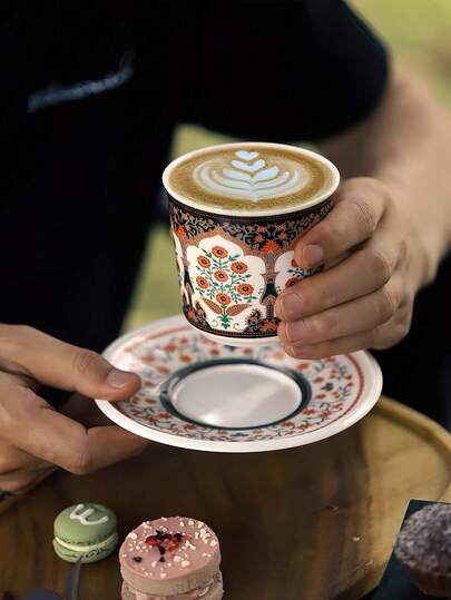1 Set Turkish Style Vintage Coffee Cup & Saucer Set, Delicate Latte Art Cup, Beverage & Juice Cup, Suitable For Daily Use, Afternoon Tea, Office, Gift, Holiday Present