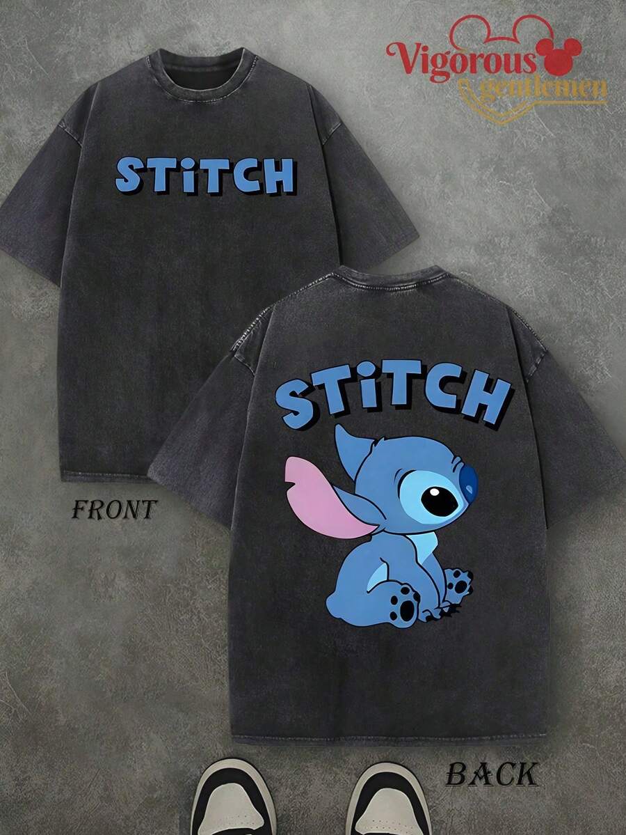 Disney 230G Vintage Washed Stitch Graphic T-Shirt Summer  American Street Style Loose Short Sleeve - màu đen - Xem 1
