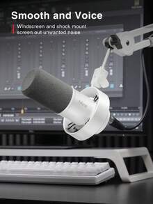 FIFINE K688 白色（全球版）XLR 动圈麦克风，适用于录音棚、USB 电脑直播和录音，带静音按钮和增益旋钮，支持耳机监听。 - 查看 7