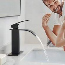 1个不锈钢水龙头，洗脸盆，瀑布式出水水龙头，浴室柜，单孔黑色家用冷热水水龙头 - 彩色 - 查看 2