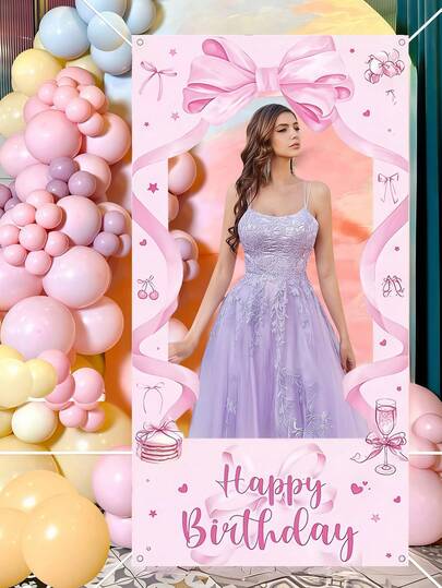 粉色蝴蝶结乙烯基背景幕布 蝴蝶结主题摄影道具 生日派对装饰 婴儿派对用品 性别揭晓派对背景装饰 婚礼新娘派对用品