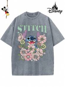 Disney-Licensed Men's Cotton T-Shirt For The 2026 Family Holiday. Featuring A Stitch Motif, Washed Crew Neck, Soft And Comfortable Feel, Easy Care And Suitable For Various Occasions Such As Holidays, Everyday Life And Commuting – Full Of Festive Spirit. - 灰色 - 查看 1